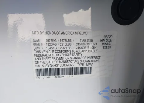 2020 Acura Mdx Standard z USA, uszkodzony, nr VIN 5J8YD4H31LL032666